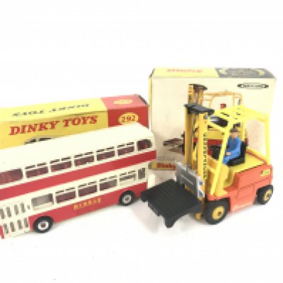 A Boxed Dinky Leyland Atlantean Bus #292 and a Conveyancer Fork Lift Truck #404.