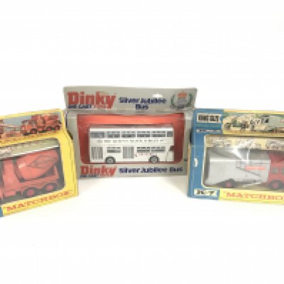 2 Boxed Matchbox vehicles. A Ready-mix Concrete Truck #K-13. A Refuse Truck #K-7 and a Dinky Silver Jubilee Bus.