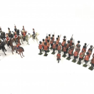 A Collection of Vintage Britains including Mixed Cavalry and Guards. And a Boxed Sherwood Foresters Bass Drumme. No Reserve.