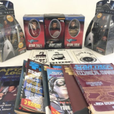 A STAR TREK collection of 3 busts..2 figures and a large bag full of magazines and books. (2)