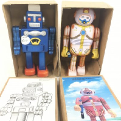 2 X Boxed Repro Tinplate Windup Robots. NO RESERVE