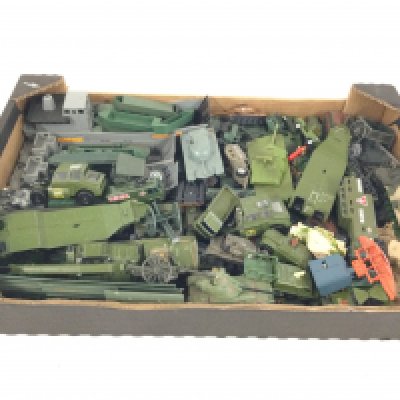 A box containing a large quantity of Diecast and plastic military vehicles. To include matchbox super fast and Airfix.