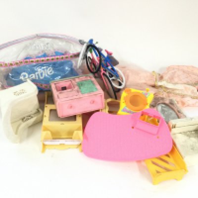 A box containing various larger Barrie accessories including a Barrie pool etc. Also a Barrie dress aged 5 to 7.