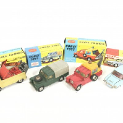3 Boxed Corgi Vehicles including Volkswagen Breakdown Truck #490 a Land-Rover #438. A Land-Rover Breakdown Truck #477 and A Dinky Triumph 1300 #162.