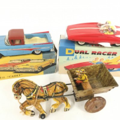 2 Boxed Tinplate Vehicles and a clockwork Horse and wagon.
