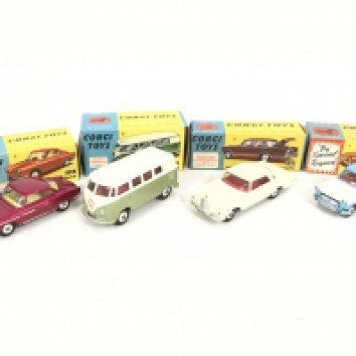 4 Boxed Corgi Vehicles. A N.S.zu. sport-Prinz #316. A Volkswagen Kombi #434. A Mercedes-Benz 220 SE Coupe #230. And a Triumph Herald Coupe #231.