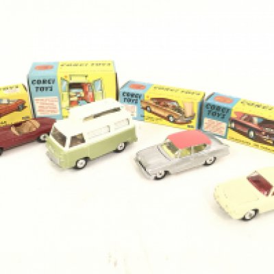 4 X Boxed Corgi Vehicles. A E Type Jaguar #307 a/F. A Ford Thames Caravan #420. A Ford Consul Classic #234 (Re Painted) and a Volkswagen 1500 Kerman Ghia.#239.