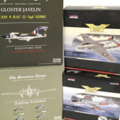 2 X Boxed Corgi Aviation Archive Models a Hawker hunter #AA32712. A DH Vampire #AA37301. And 2 X sky Guardians Models. A Gloster Javelin and a Fairey Gannet. Wheels have been glued in.