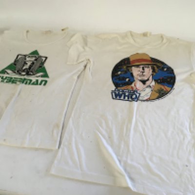 Two Dr.Who T.shirts from the 1980s. One made in Romania and one in Yugoslavia. Both sized as medium