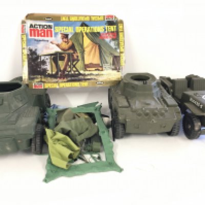 A group of 3 action man vehicles and a boxed special operations tent.