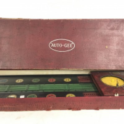 Boxed vintage Auto-Gee horse riding game untested. A wooden model ship HMS Victory with sails and rigging (2)