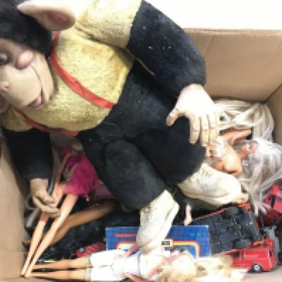 A Box Containing Playworn Dolls And Diecast. No Reserve.