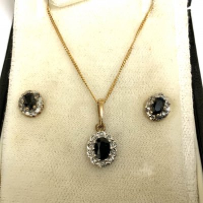 A suite of 9ct gold sapphire and diamond jewellery. (A)
