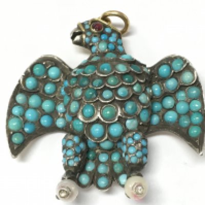 withdrawn - An early Victorian gold silver eagle turquoise mourning pendant with locket and ruby set eye , 4cm wide. Postage category A