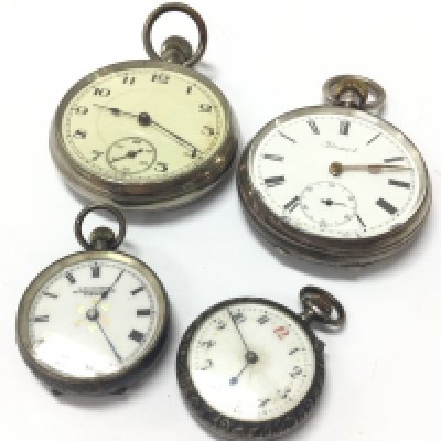 A hallmarked silver pocket watch , two silver ladies pocket watches, one chrome plated. Postage category B NO RESERVE