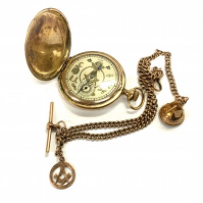 A vintage gold plated Elgin pocket with Masonic symbol dial, together with a 9ct gold Albert chain and attached Masonic fobs (Chain weight 21.14g)