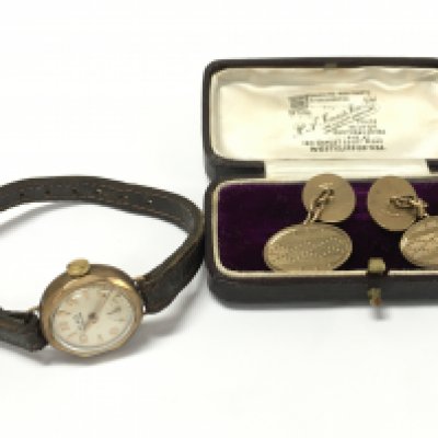 A pair of 9ct gold cufflinks (total weight 6.9g) and a gold cased H&G watch (11.1g total weight ,seen working) , postage category A