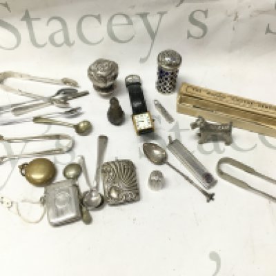 A mixed lot of silver including a vesta case, spoon, boxed Warden Ejector pencil, silver plated items and A Raymond Weil watch . Postage cat b