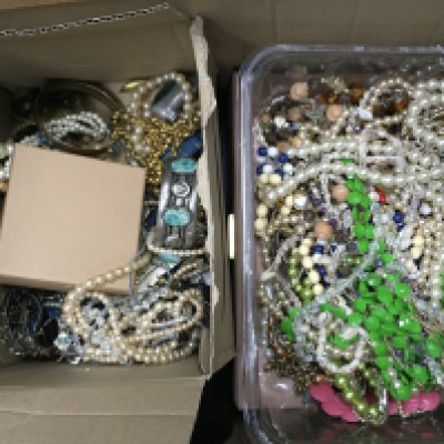 A large box of costume jewellery including necklaces, bracelets etc . Postage category C