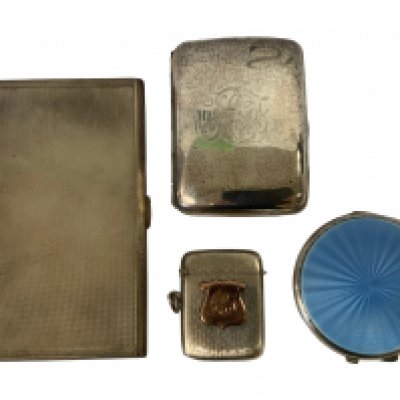 A heavy hallmarked silver cigarette case, H/M Silver Cigar case, H/M silver enamelled compact, H/M vesta. Total weight 465g