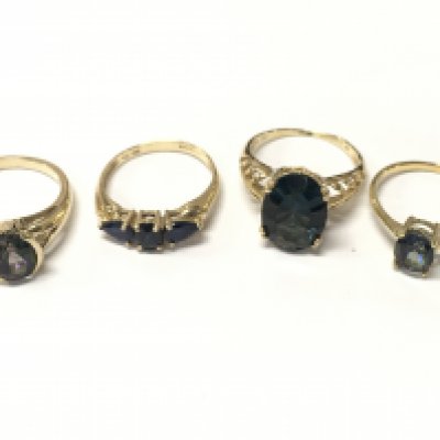 Two 9 carat gold rings , a 14ct gold ring and a silver ring , total weight. Sizes P and R. 12g total weight, Postage cat a