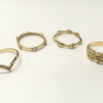 Three 9 carat gold rings and one 14ct gold ring . 9.8g total weight. Sizes S/R, Q. Postage category A