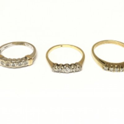 Three unmarked diamond 5 stone rings. Approximately 7.6g and sizes J K and O