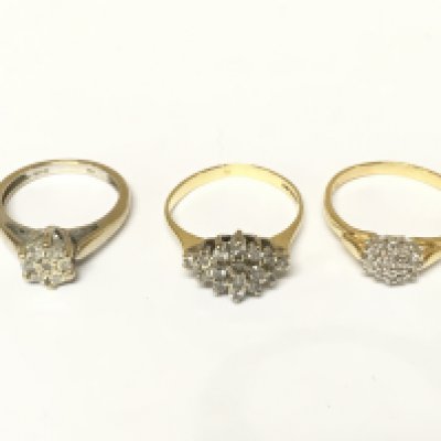 Three 18ct gold diamond cluster rings. Approximately 9.7g sizes K N and O