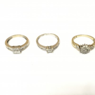 Three unmarked cluster rings two set with diamonds. Approximately 8.2g and sizes K M N 1/2