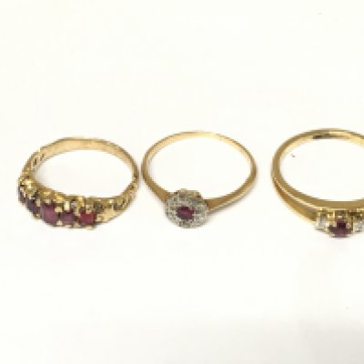 Three unmarked rings set with diamonds and rubies. Approximately 5.5g sizes H K and M