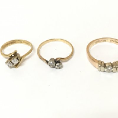 Three unmarked rings set with diamonds. Approximately 6.4g sizes f1/2 K and P