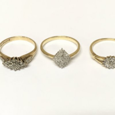 Three 9ct gold diamond cluster rings. Approximately 5.7g sizes O and P