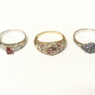 Three 9ct gold cluster rings set with assorted stones. Approximately 7.5g and sizes N and P