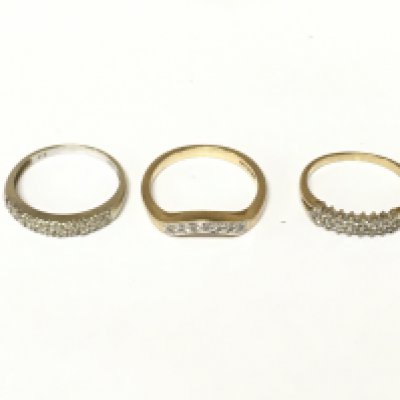 Two 9ct gold diamond band rings and a 9ct white stone ring. Approximately 6.6g sizes M and O