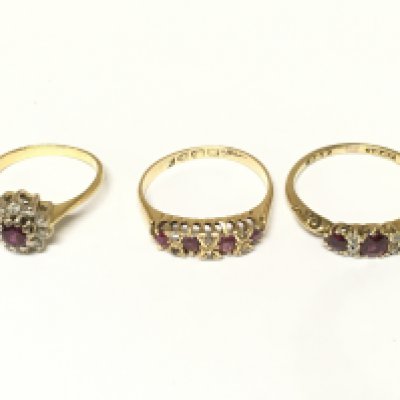 Three 18ct gold ruby and diamond set rings. Approximately 7.2g and sizes J N and O