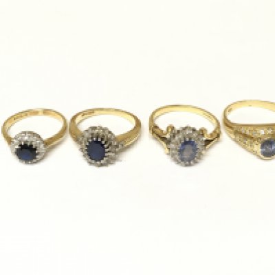 Four 18ct gold diamond and sapphire cluster rings. Approximately 14.4g sizes I J K M