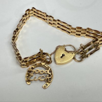 a 9ct gold gate bracelet with a good luck horse shoe charm attached. Approx weight 12.60. Length 7inches.