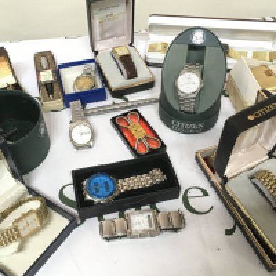 A collection of gents watches including Seiko, Citizen and other watches including cuff links