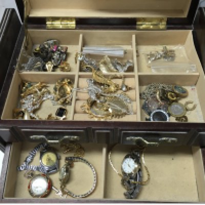 A collection of costume jewellery including a silver Argent Dore fob watch, broochesm necklaces etc. postage cat B