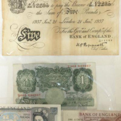 A collection of framed bank notes including a 1937 white five pound note 21 Jan 1937.