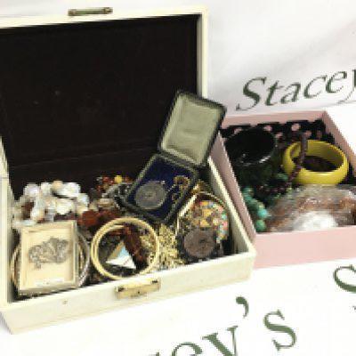 Two boxes of costume Jewellery including a marcasite brooch, lighters, silver case, bakelite necklace,  Necklaces etc postage category B