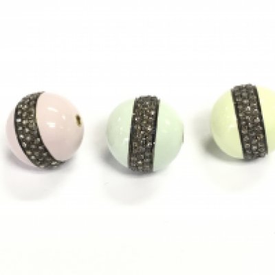 Three silver beads coated in enamel pastel colours of blue green and pink. Each set with three rows of diamonds totalling 1.35ct so 0.45ct per bead.