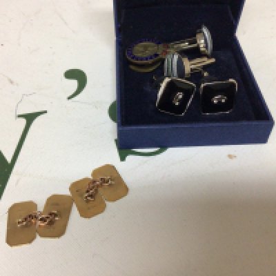 A pair of 9carat gold gents cufflinks weight 5.5g and other decorative cufflinks.