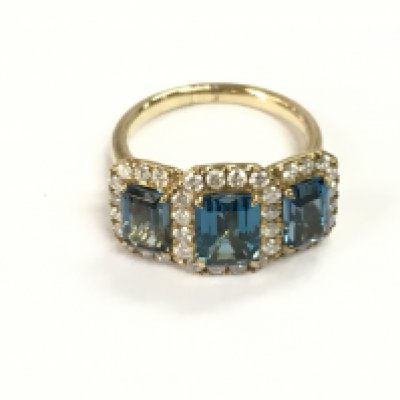 9ct gold ring set with three step cut London blue topaz each surround by diamonds. Topaz 4.13ct and 0.82ct diamonds Approx size O