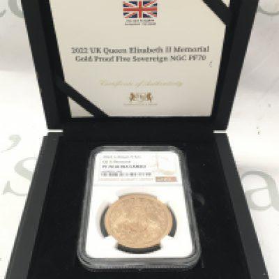 A boxed 2022 UK Queen Elizabeth II Memorial Gold Proof Five Sovereign NGC PF70