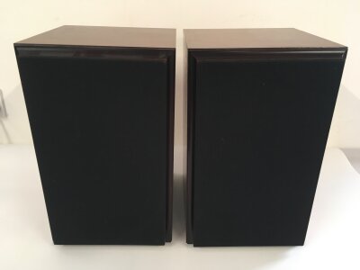 A pair of vintage Ruark Sabre audiophile speakers with Rosewood effect finish, model S8706. Made in Rayleigh, Essex.