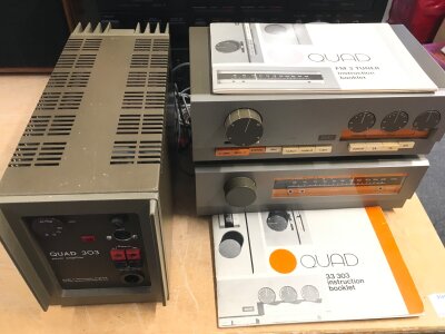 A Quad 303 power amp, a Quad FM3 tuner and a Quad 33 pre amp (3). Comes with some manuals.