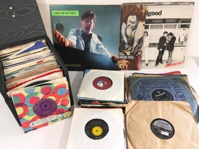 Two record cases of LPs, 7" singles and 78s by various artists including David Bowie, Elvis Presley, Devo  and others.