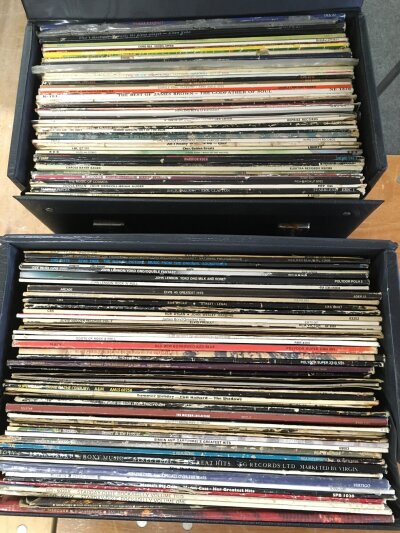 Three record cases of LPs and 12" singles by various artists including Elvis Presley, John Lennon, Torah and many more.