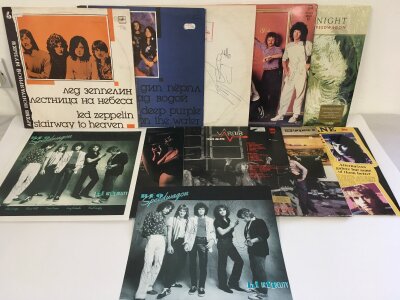 Nine rock LPs including a Russian Led Zeppelin LP, a Russian Deep Purple LP, signed LPs and inserts by REO Speedwagon and Quo Vardis etc.